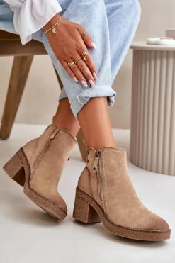 Ocieplane Botki Damskie Na Słupku Z Eko Zamszu Beżowe Velarilla