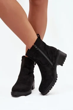 Ocieplane Botki Damskie Na Niskim Obcasie Klocku Z Klamrą Czarne Helvina