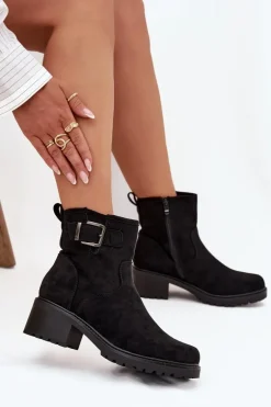 Ocieplane Botki Damskie Na Niskim Obcasie Klocku Z Klamrą Czarne Helvina