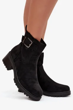 Ocieplane Botki Damskie Na Niskim Obcasie Klocku Z Klamrą Czarne Helvina