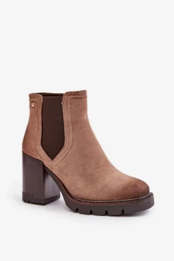 Ocieplane Botki Damskie Na Słupku Z Eko Zamszu Vinceza 58356 Beżowe