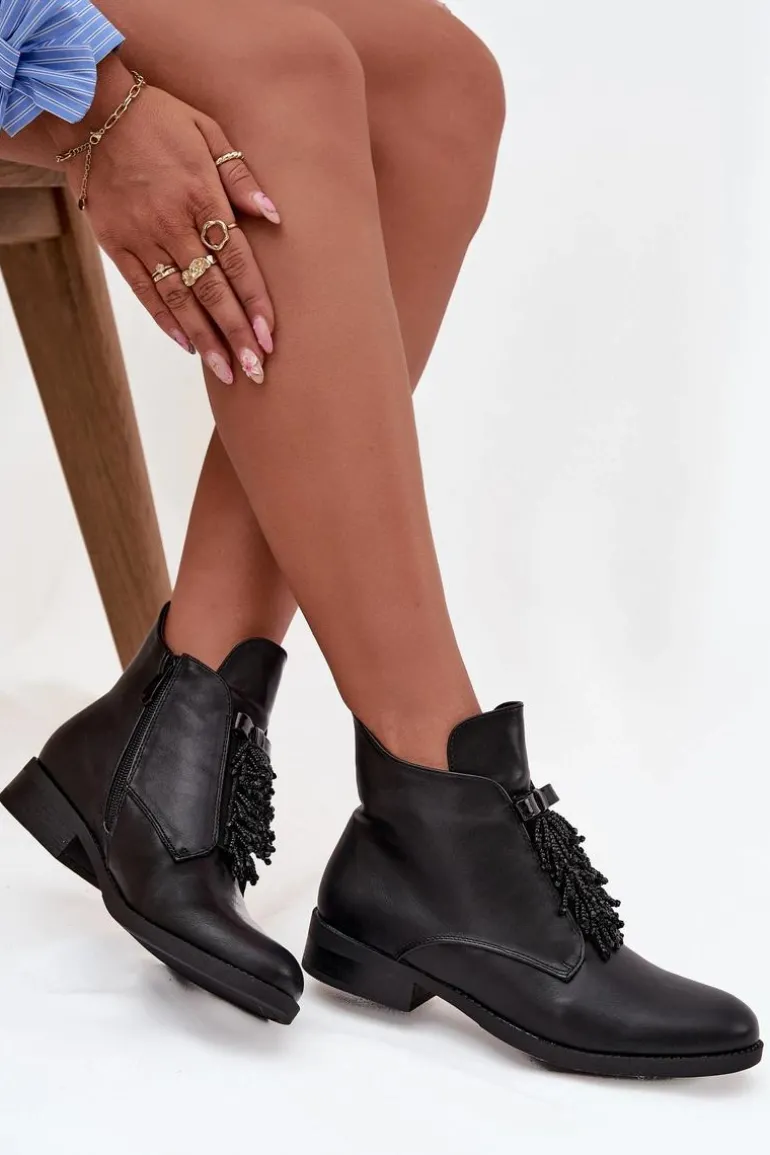 Ocieplane Botki Damskie Na Płaskim Obcasie S.Barski HY42-713 Czarne