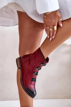 Ocieplane Botki Damskie Na Zamek Bordowe Evalith