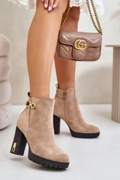 Ocieplane Botki Damskie Na Wysokim Obcasie Słupku Beżowe Terisanna
