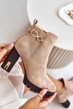 Ocieplane Botki Damskie Na Wysokim Obcasie Słupku Beżowe Terisanna