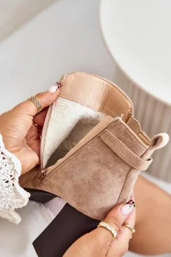 Ocieplane Botki Damskie Na Wysokim Obcasie Słupku Beżowe Terisanna