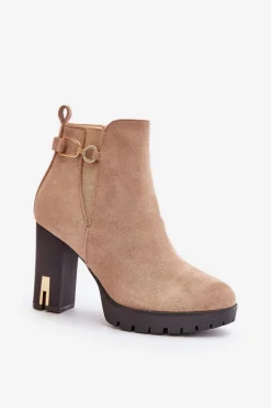 Ocieplane Botki Damskie Na Wysokim Obcasie Słupku Beżowe Terisanna