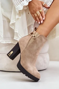 Ocieplane Botki Damskie Na Wysokim Obcasie Słupku Beżowe Terisanna