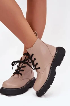 Ocieplane Botki Damskie Na Platformie Sznurowane Ciemnobeżowe Harmine