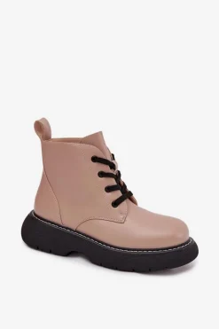 Ocieplane Botki Damskie Na Platformie Sznurowane Ciemnobeżowe Harmine