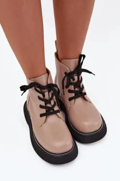 Ocieplane Botki Damskie Na Platformie Sznurowane Ciemnobeżowe Harmine