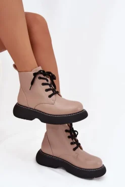Ocieplane Botki Damskie Na Platformie Sznurowane Ciemnobeżowe Harmine