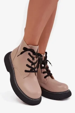 Ocieplane Botki Damskie Na Platformie Sznurowane Ciemnobeżowe Harmine