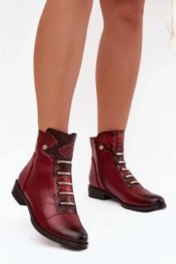Ocieplane Botki Damskie Na Płaskim Obcasie Zwierzęcy Wzór Bordowe Labise
