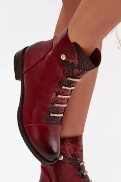 Ocieplane Botki Damskie Na Płaskim Obcasie Zwierzęcy Wzór Bordowe Labise