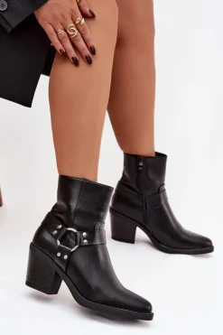 Ocieplane Botki Damskie Na Słupku Z Ozdobnym Elementem Czarne Jurelle