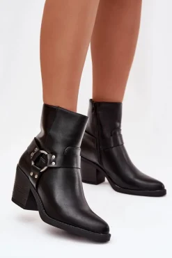 Ocieplane Botki Damskie Na Słupku Z Ozdobnym Elementem Czarne Jurelle