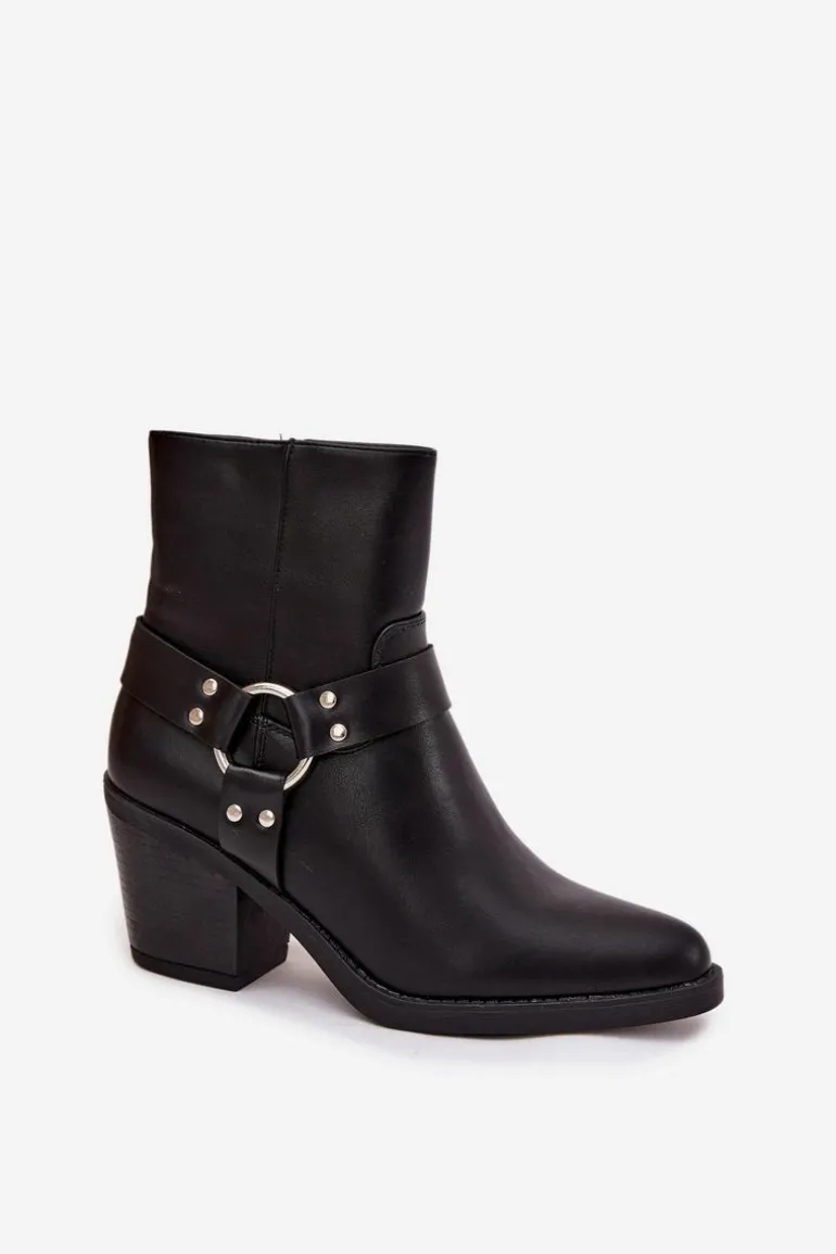 Ocieplane Botki Damskie Na Słupku Z Ozdobnym Elementem Czarne Jurelle