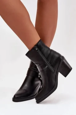 Ocieplane Botki Damskie Na Słupku Z Ozdobnym Elementem Czarne Jurelle