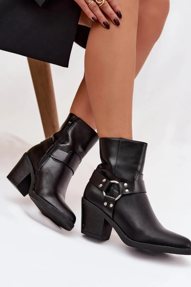 Ocieplane Botki Damskie Na Słupku Z Ozdobnym Elementem Czarne Jurelle