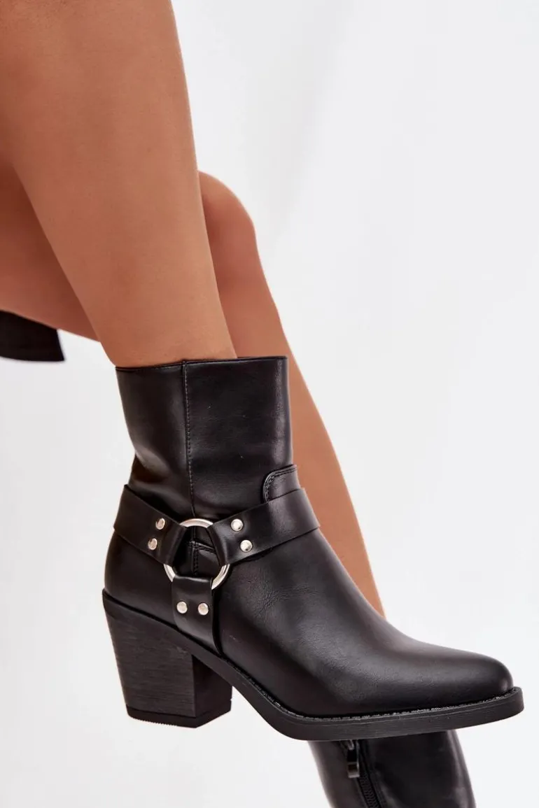 Ocieplane Botki Damskie Na Słupku Z Ozdobnym Elementem Czarne Jurelle