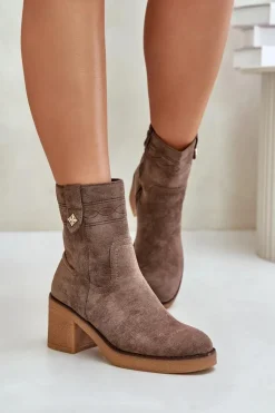 Ocieplane Botki Damskie Na Obcasie Słupku Brązowe Vailia