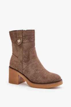 Ocieplane Botki Damskie Na Obcasie Słupku Brązowe Vailia