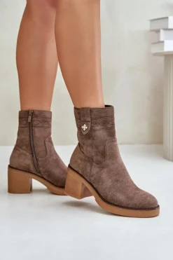 Ocieplane Botki Damskie Na Obcasie Słupku Brązowe Vailia