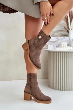 Ocieplane Botki Damskie Na Obcasie Słupku Brązowe Vailia