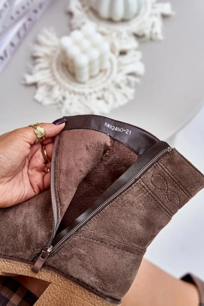 Ocieplane Botki Damskie Na Obcasie Słupku Brązowe Vailia