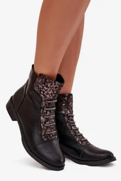 Ocieplane Botki Damskie Na Płaskim Obcasie Kwiaty Czarne Labise