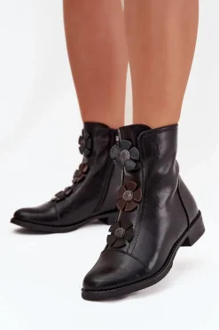 Ocieplane Botki Damskie Na Płaskim Obcasie Z Ozdobnymi Kwiatkami Czarne Pravienne