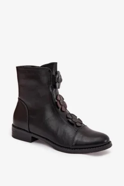 Ocieplane Botki Damskie Na Płaskim Obcasie Z Ozdobnymi Kwiatkami Czarne Pravienne