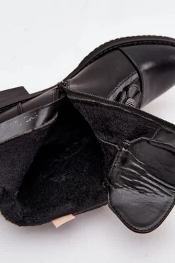 Ocieplane Botki Damskie Na Płaskim Obcasie Z Ozdobnymi Kwiatkami Czarne Pravienne