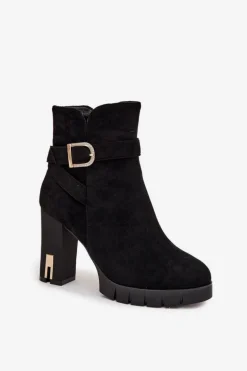 Ocieplane Botki Damskie Na Słupku Z Klamrą Czarne Nolivira