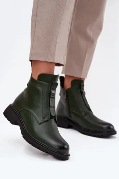 Ocieplane Botki Damskie Na Zamek Z Ozdobnym Detalem Ciemnozielone Roselle