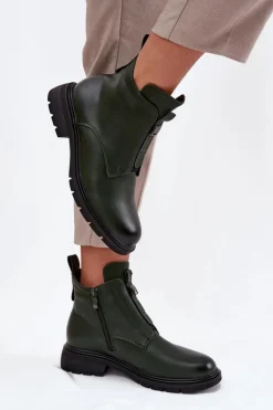 Ocieplane Botki Damskie Na Zamek Z Ozdobnym Detalem Ciemnozielone Roselle