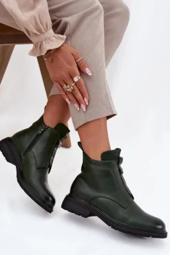 Ocieplane Botki Damskie Na Zamek Z Ozdobnym Detalem Ciemnozielone Roselle