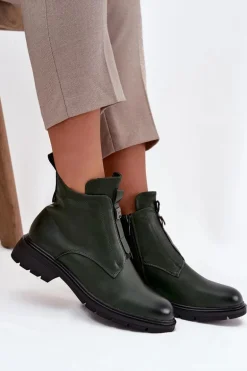 Ocieplane Botki Damskie Na Zamek Z Ozdobnym Detalem Ciemnozielone Roselle