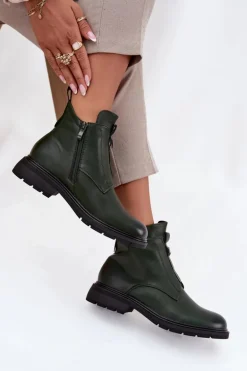 Ocieplane Botki Damskie Na Zamek Z Ozdobnym Detalem Ciemnozielone Roselle