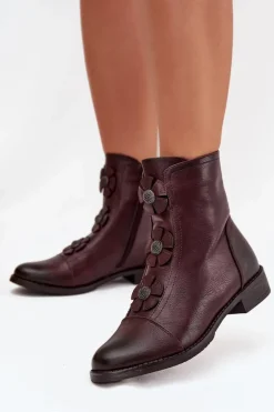 Ocieplane Botki Damskie Na Płaskim Obcasie Z Ozdobnymi Kwiatkami Bordowe Pravienne