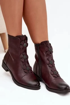 Ocieplane Botki Damskie Na Płaskim Obcasie Z Ozdobnymi Kwiatkami Bordowe Pravienne