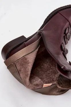 Ocieplane Botki Damskie Na Płaskim Obcasie Z Ozdobnymi Kwiatkami Bordowe Pravienne