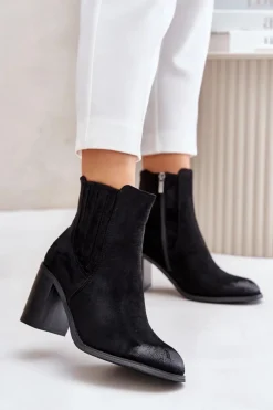 Ocieplane Botki Damskie Na Słupku Eko Zamszowe Czarne Gudra