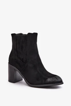 Ocieplane Botki Damskie Na Słupku Eko Zamszowe Czarne Gudra