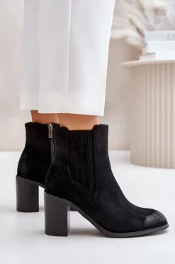 Ocieplane Botki Damskie Na Słupku Eko Zamszowe Czarne Gudra