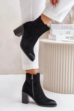 Ocieplane Botki Damskie Na Słupku Eko Zamszowe Czarne Gudra