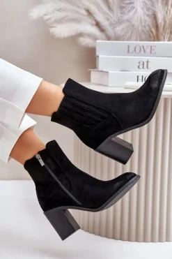 Ocieplane Botki Damskie Na Słupku Eko Zamszowe Czarne Gudra