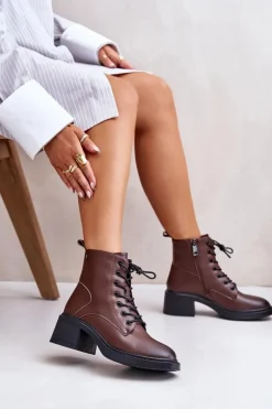 Ocieplane Botki Damskie Na Niskim Obcasie Ze Skóry naturalnej Vinceza 66722 Brązowe