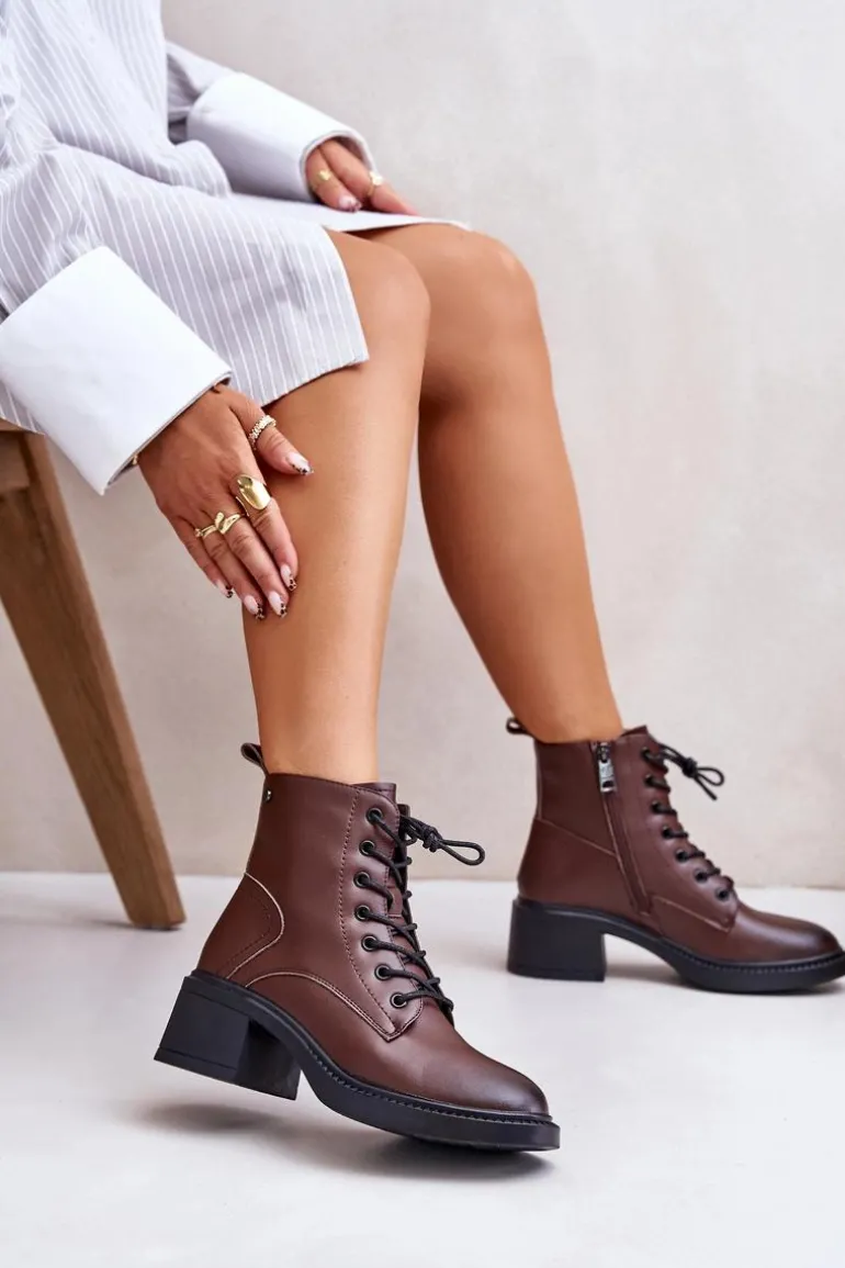 Ocieplane Botki Damskie Na Niskim Obcasie Ze Skóry naturalnej Vinceza 66722 Brązowe